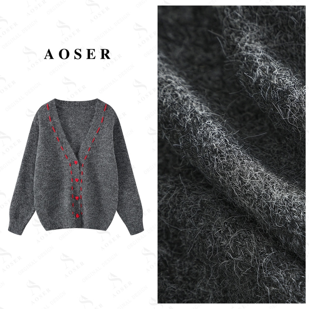 AOSER韩版宽松时尚潮流百搭女士长袖V领毛衣外套女装4010