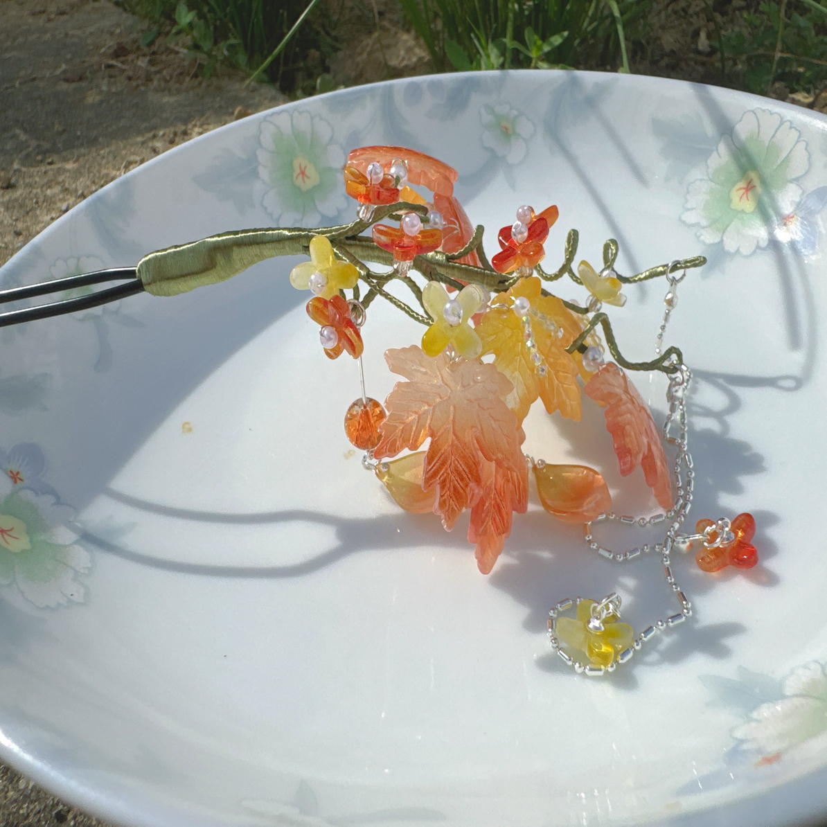 古风枫叶琉璃发簪，带流苏，汉服发饰发簪百搭款头饰簪子手工复古