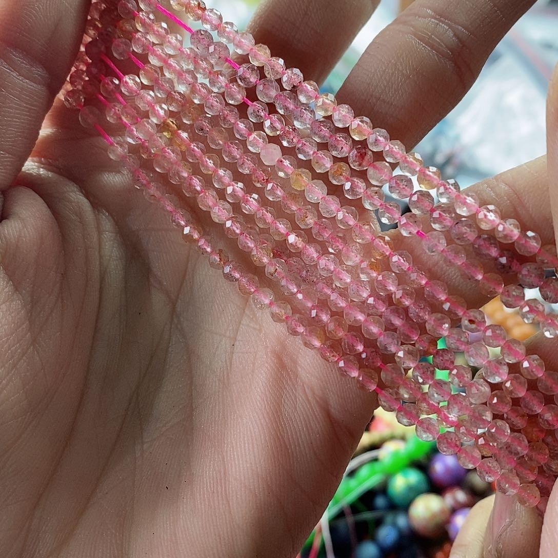 玛瑙/玉髓珠宝半成品合金一条天然3.3mm草莓晶切面圆珠