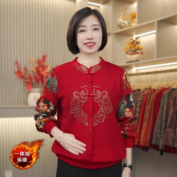 洋气新款中老年女装冬季加绒保暖气质减龄宽松印花国风圆领妈妈装