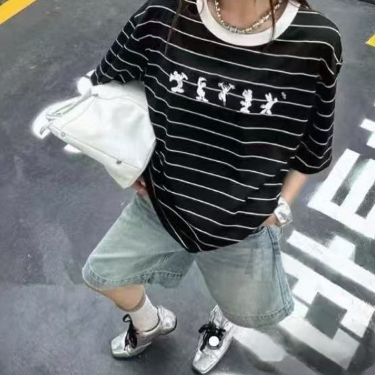 Z.X   卡通刺绣撞色领口条纹短袖T  2513（C3↓）