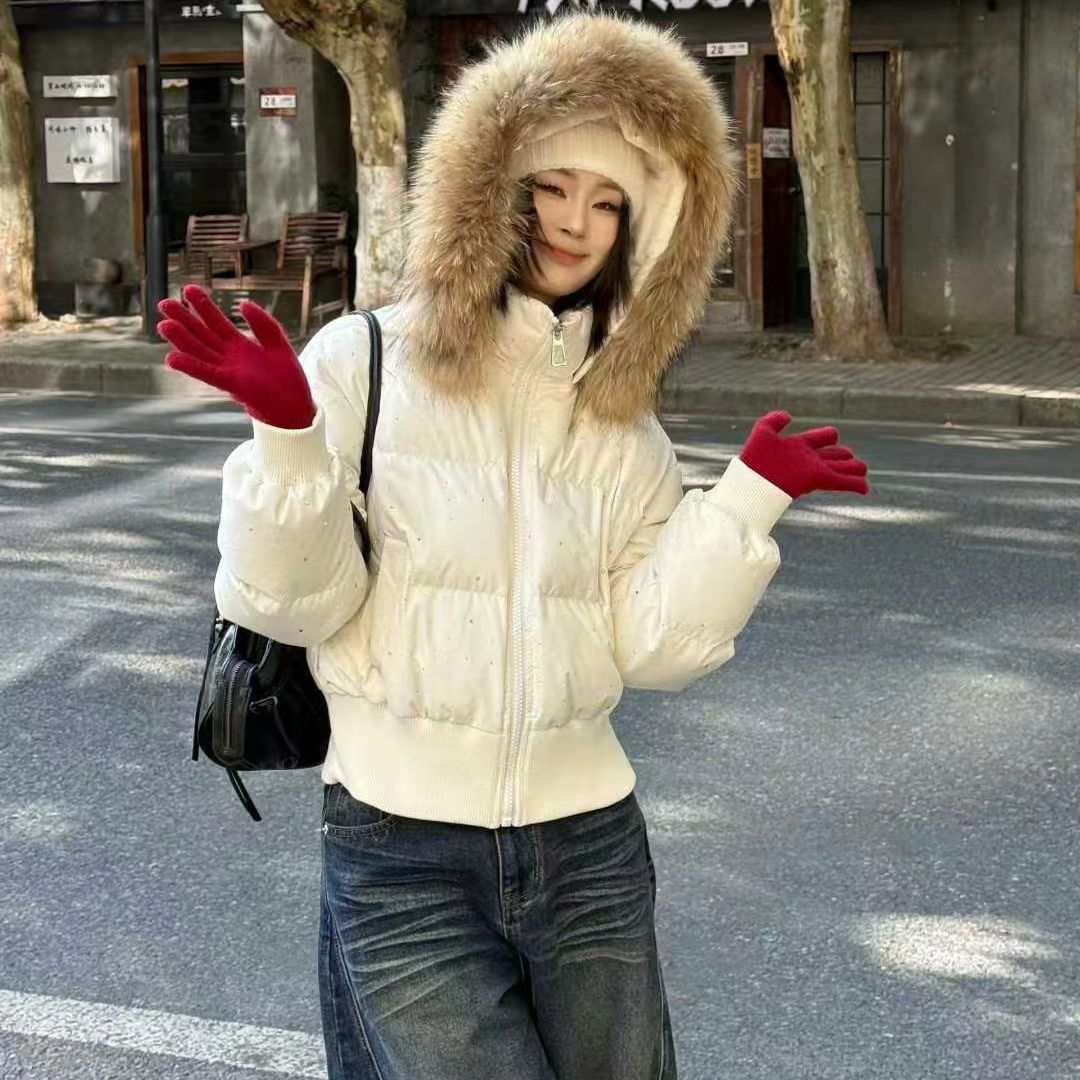 网红爆款满天星亮片貉子大毛领连帽防寒保暖短款冬季保暖显瘦夹克