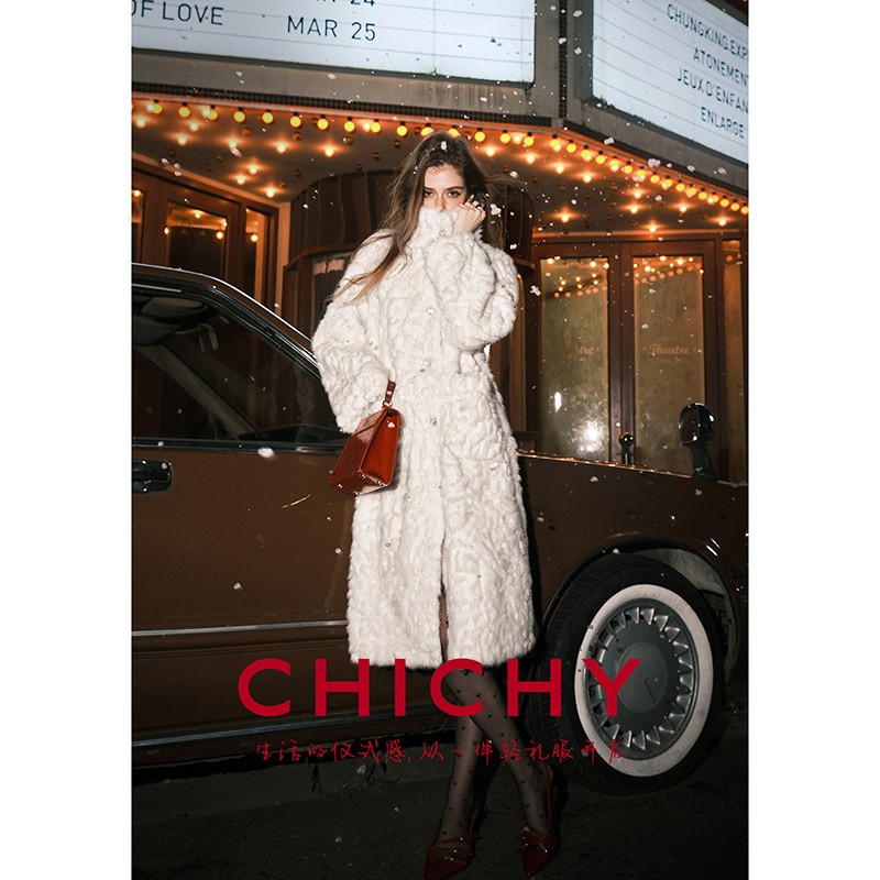 CHICHYCHICHY 人造皮草 宽松白色中长款25冬新款加厚年轻毛毛外套