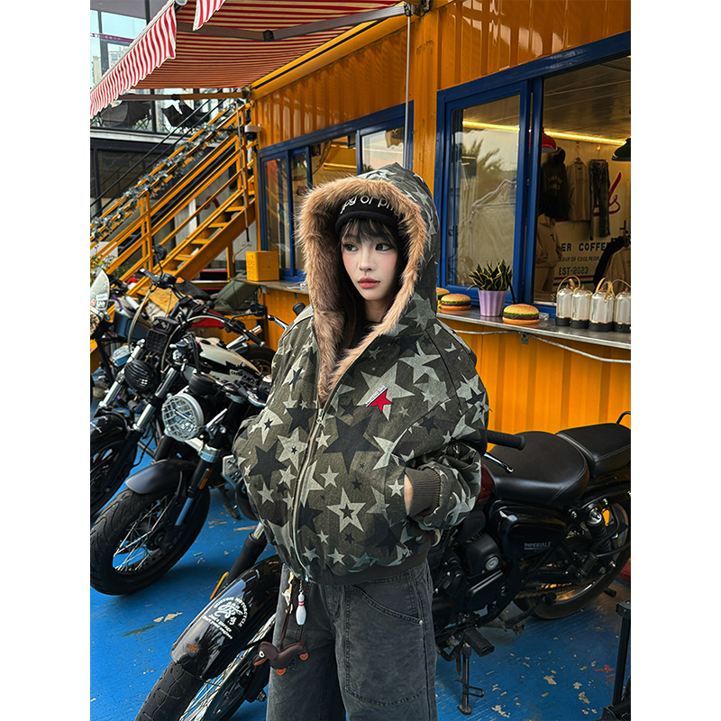 克林菲美式复古夹棉毛领连帽星星迷彩棉服外套男女冬宽松加厚夹克