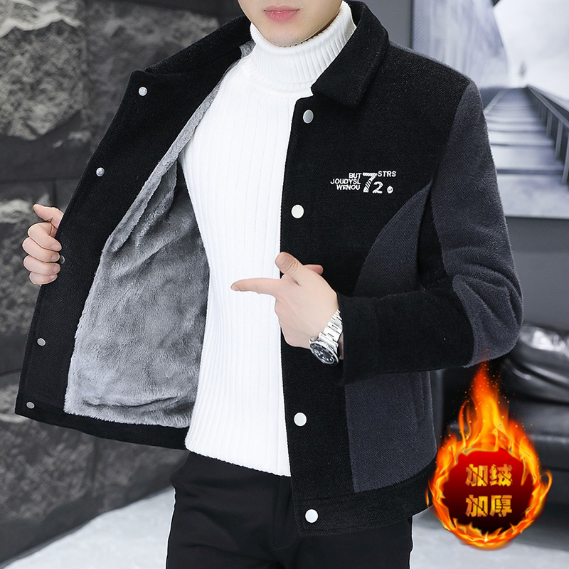 男式商务高端拼接撞色翻领毛呢大衣加绒加厚短款上衣御寒挡风外套