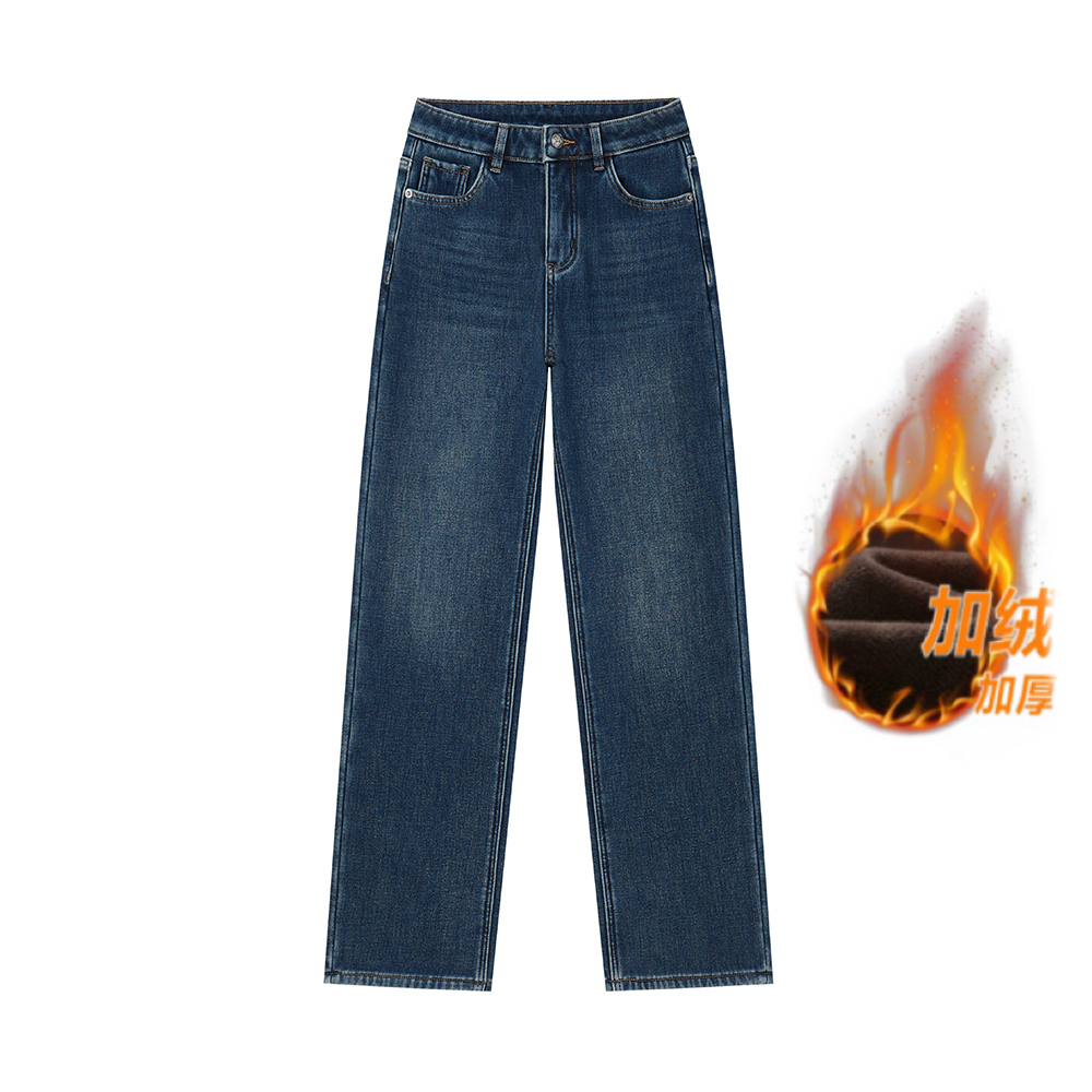 高腰蓝色加绒加厚冬季新款复古直筒显瘦百搭水洗牛仔裤-9089
