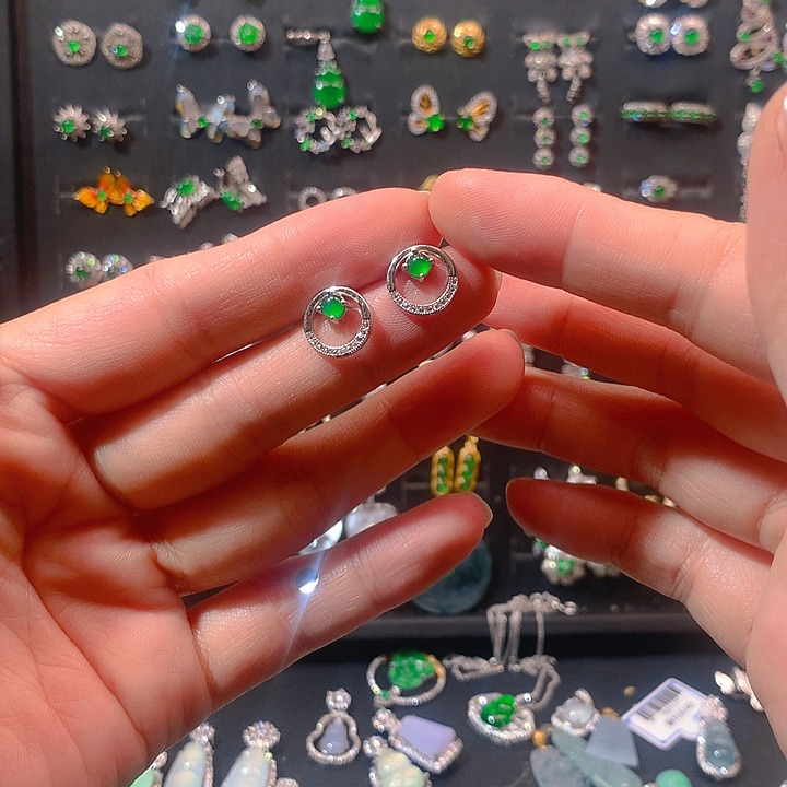 翡翠戒指银S925镶嵌耳钉