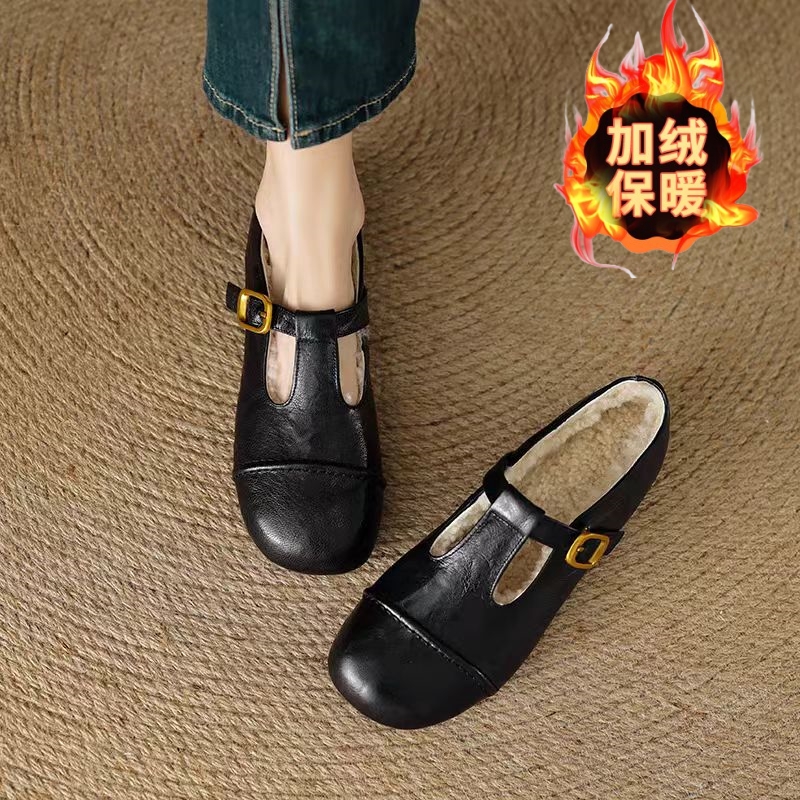 法式复古圆头T字扣玛丽珍鞋加绒秋冬新款粗跟设计单鞋加绒毛毛鞋