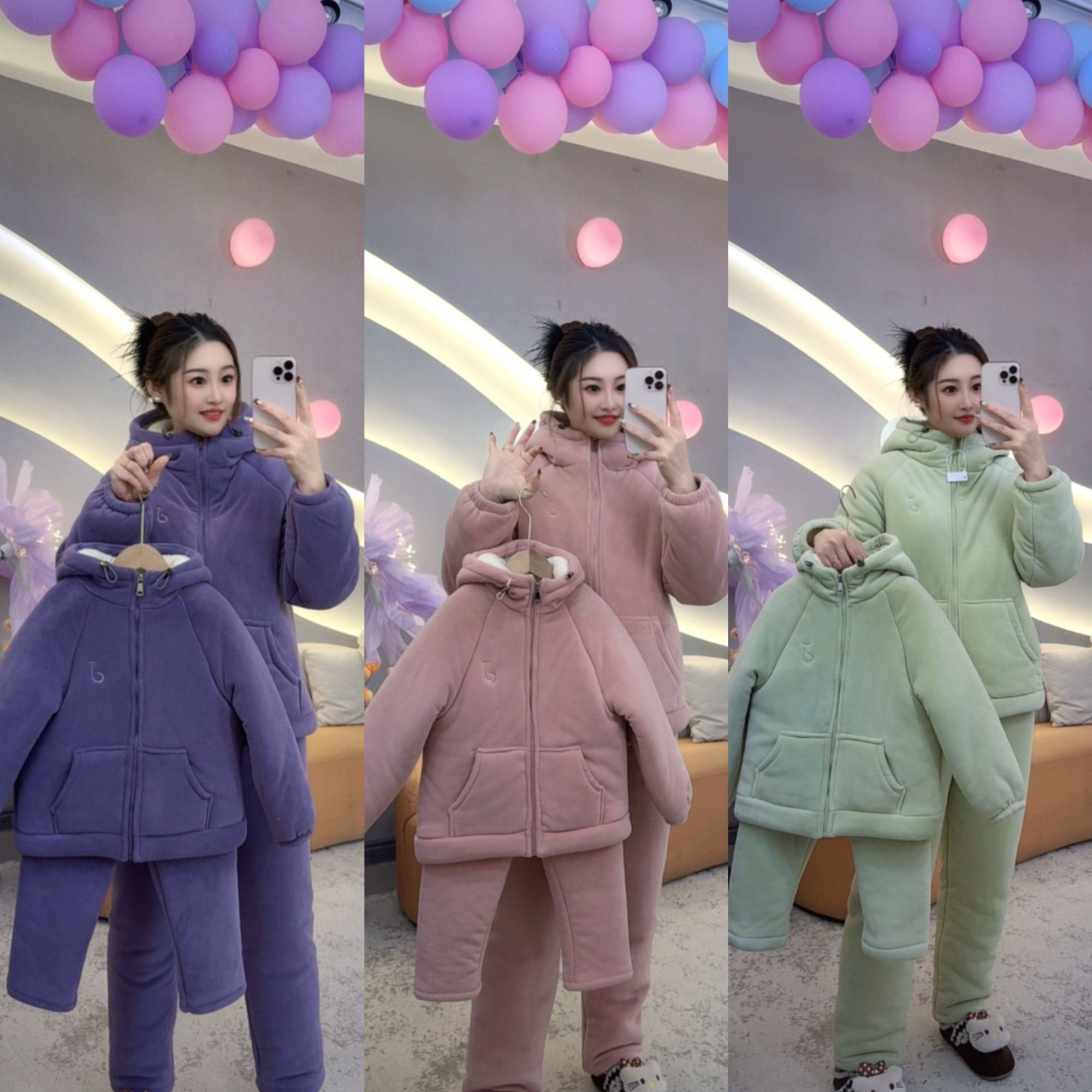 花嫂家亲子款情侣款冬季三层加厚可外穿家居服套装3568