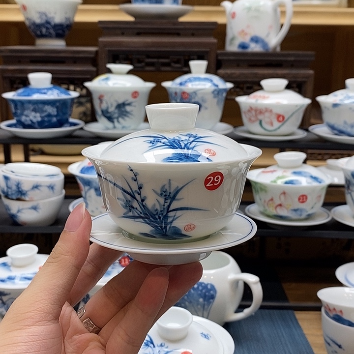 手绘盖碗兰花150釉下彩高温瓷微瑕福利款