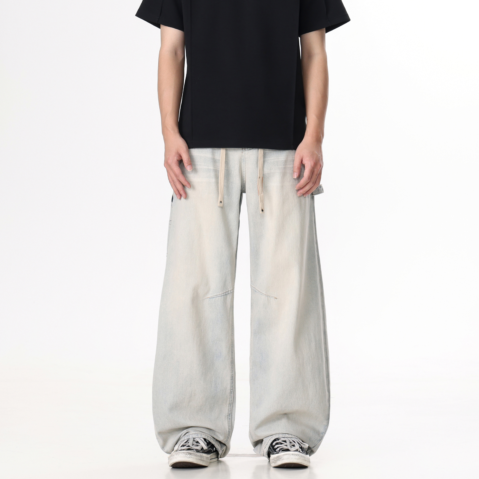 夏季新款复古水做旧牛仔裤潮流宽松直筒休闲百搭款