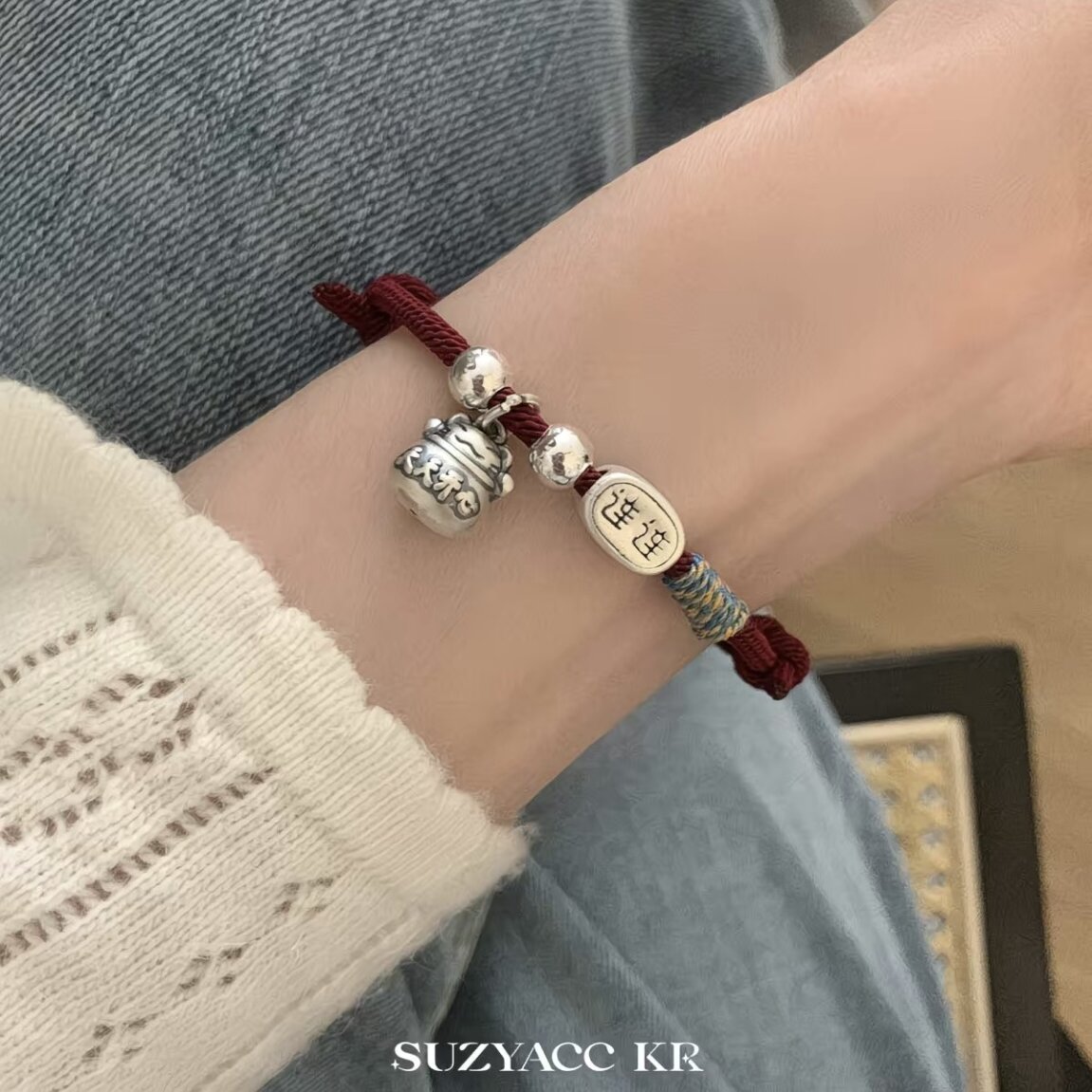 足银手链 纯银红绳手链饰品素款简约可调节情侣女甜美好运连连