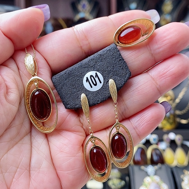 琥珀颈饰银S925镶嵌套装