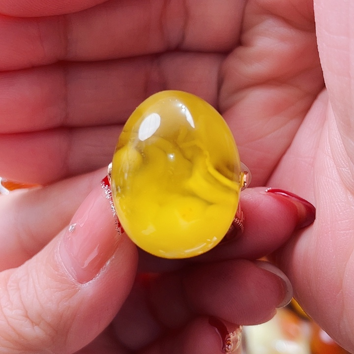 琥珀戒指银S925镶嵌戒指