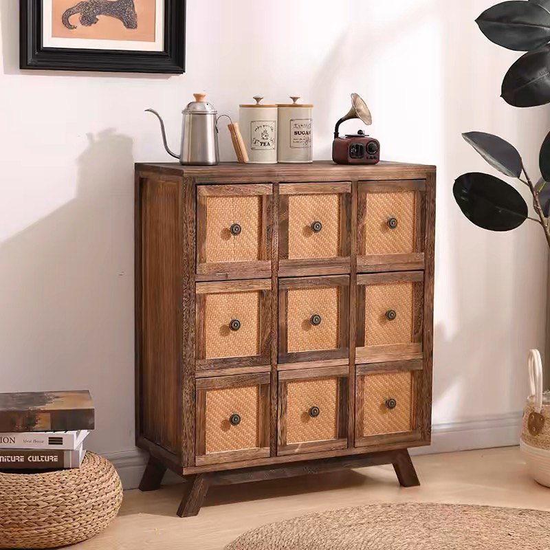 实木斗柜藤编收纳储物柜卧室小抽屉柜多功能中古餐边柜复古床头柜
