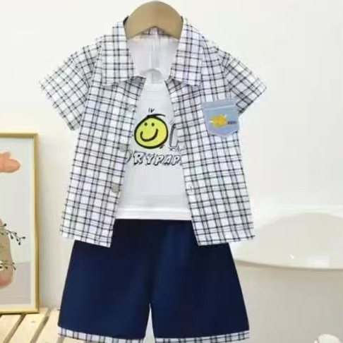 男童长袖格子衬衫薄款春夏外穿上衣三件套
