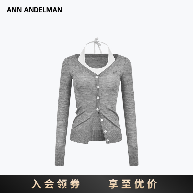 ANN ANDELMAN 假两件挂脖绑带设计感上衣薄款显瘦长袖T恤