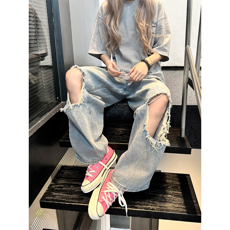 美式复古水洗浅色乞丐破洞牛仔裤女夏季直筒显瘦宽松阔腿拖地裤子