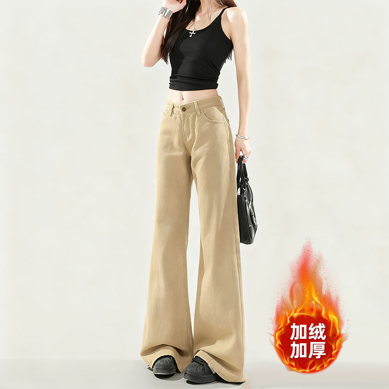 加绒加厚复古卡其色微喇牛仔裤女秋季2025新款不贴腿低腰喇叭裤子