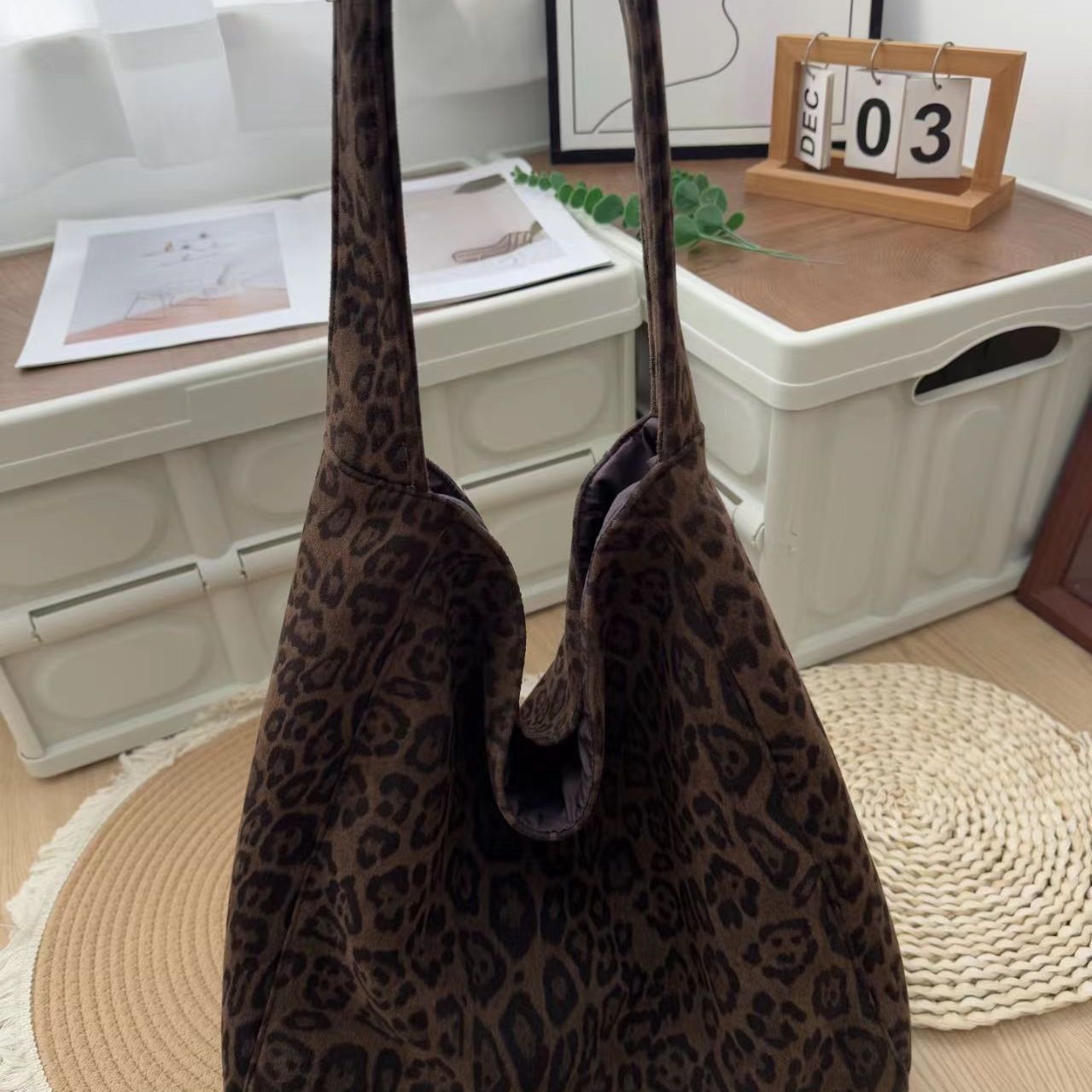 韩系复古豹纹麂皮绒托特包女2025新款秋冬学院风大容量单肩腋下包