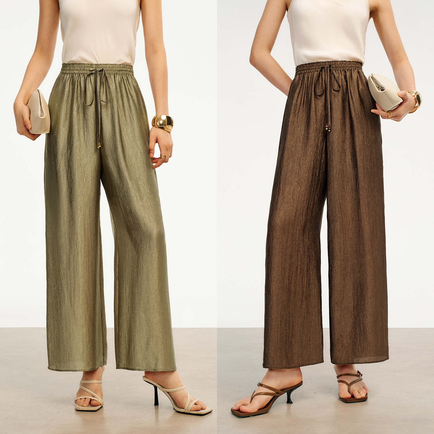 COKEYA/东方美人~高光醋酸肌理感新中式国风松紧腰直筒裤阔腿裤