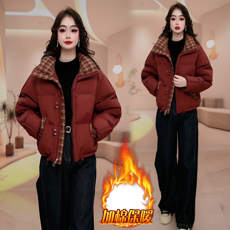 小个子时尚加厚棉服女2025年冬季新款复古百搭格纹拼接立领短外套