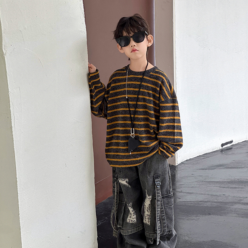 涵芽男童条纹卫衣2025秋冬季新款长袖打底衫儿童德绒上衣HY25403