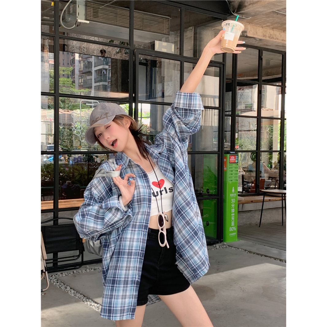 蓝色格子衬衫女2025夏季新款慵懒宽松休闲百搭防晒衬衣外套潮