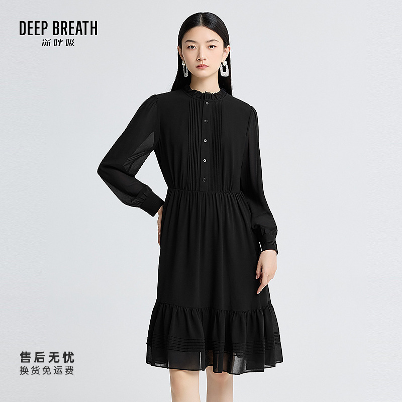 DEEP BREATH深呼吸女装花边领长袖压褶衬衫式优雅连衣裙A500554
