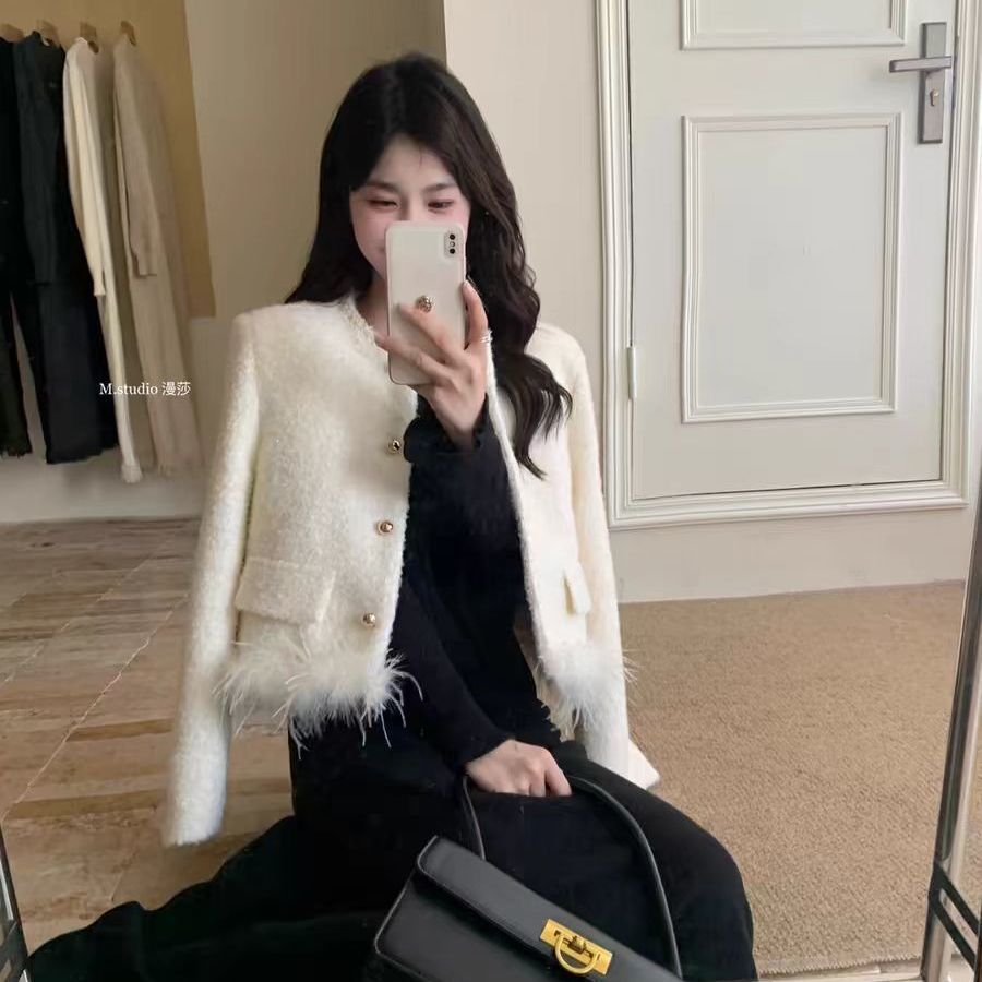 重工毛毛小香风外套女2025新款冬季充棉内胆富家千金气质上衣