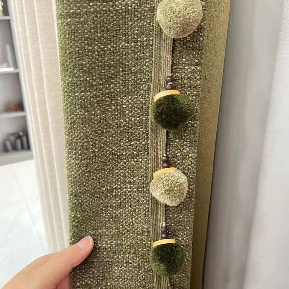 复古橄榄绿纽扣毛球窗帘花边辅料立体球球花边幔头装饰吊球