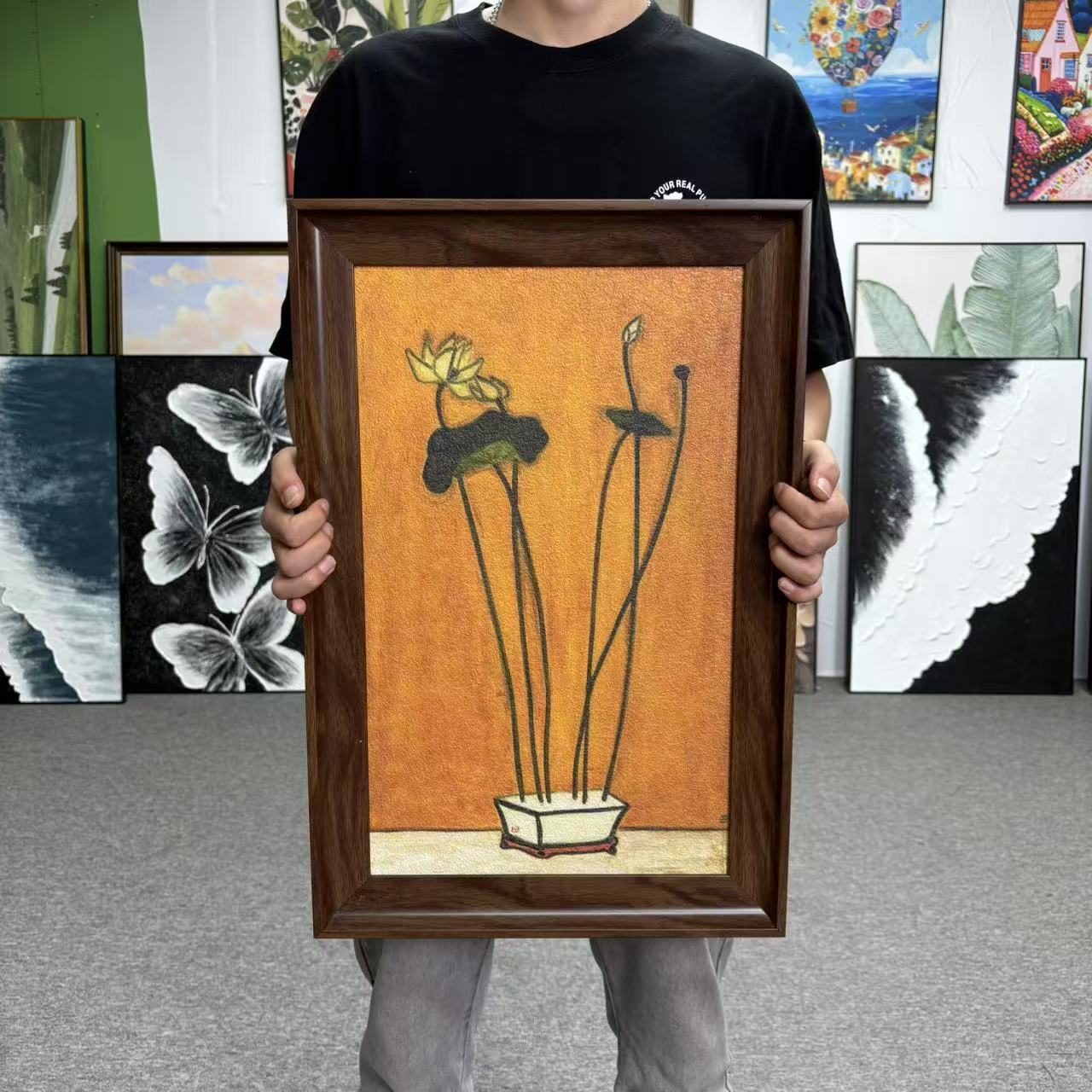 中式砂岩荷花装饰画适合客厅玄关餐厅背景墙146