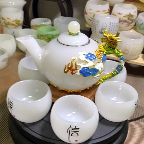 羊脂玉瓷琉璃中式珐琅彩龙腾盛世一壶六杯礼盒套装