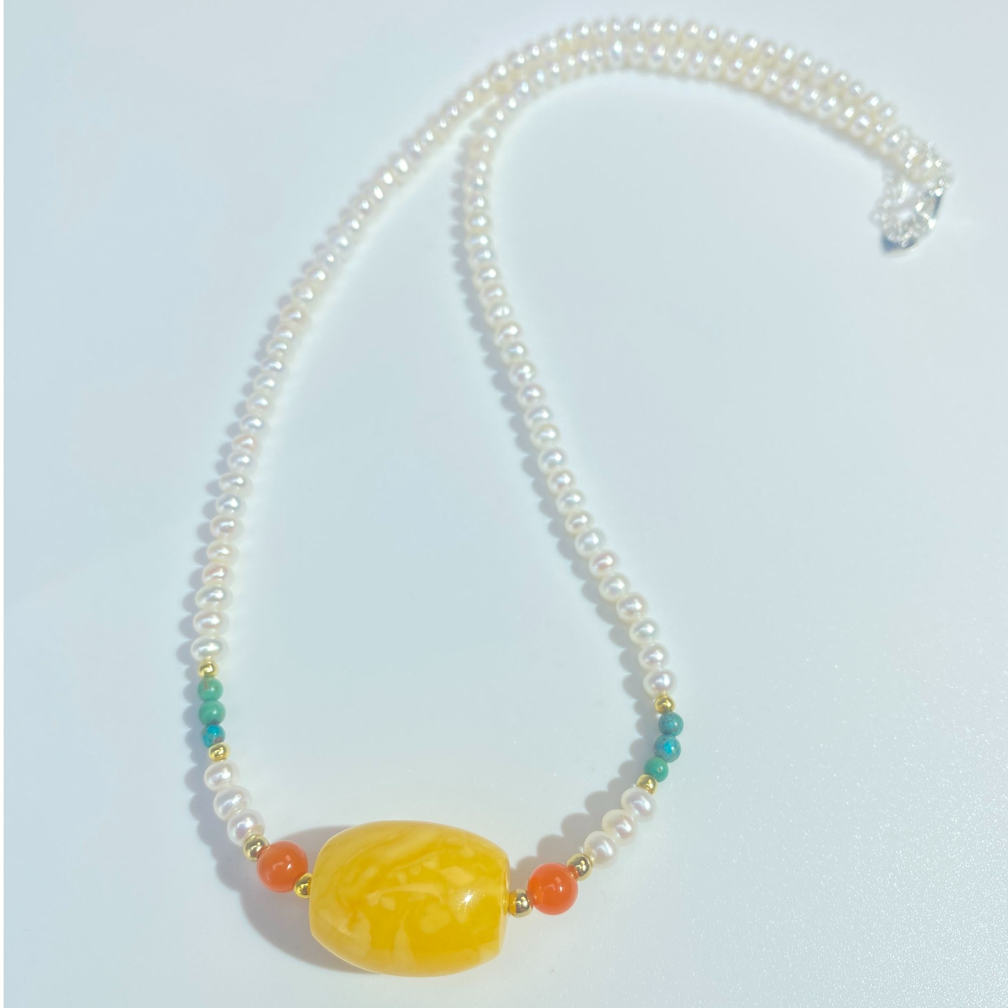 天然蜜蜡桶珠搭配珍珠项链设计款胶皮鸡油黄白花定制款女士必备