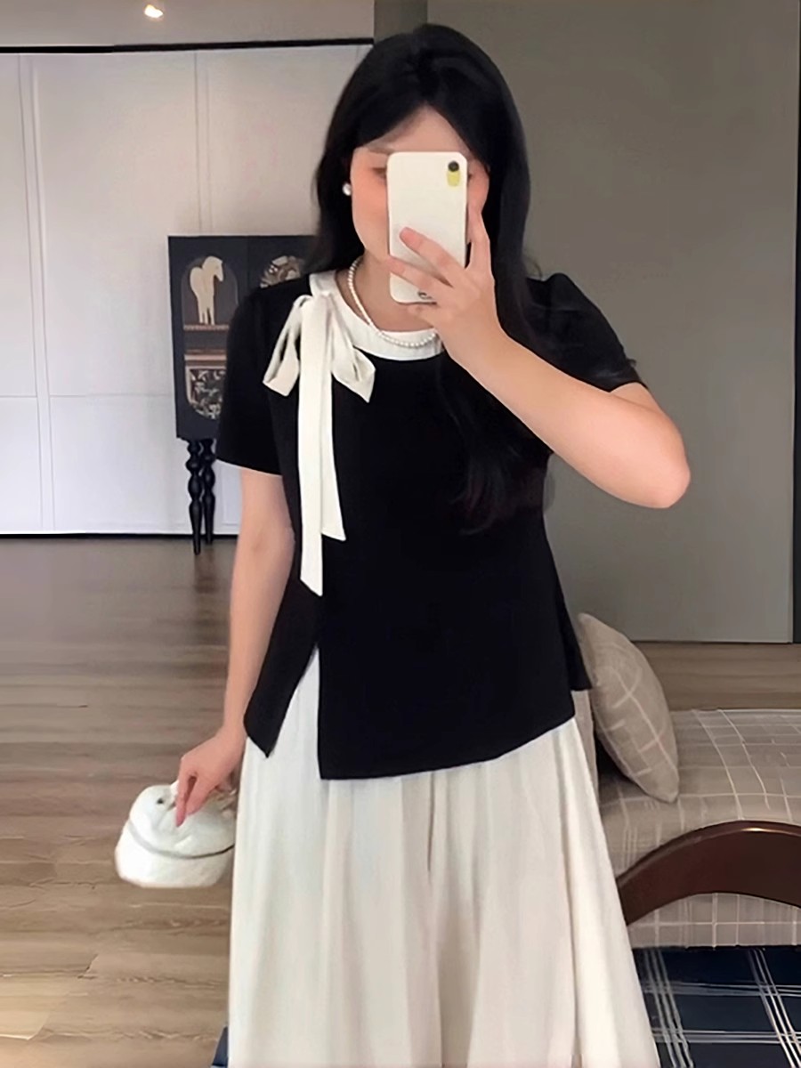 大码女装法式圆领蝴蝶结开叉短袖t恤女夏季胖mm宽松遮肚女士上衣