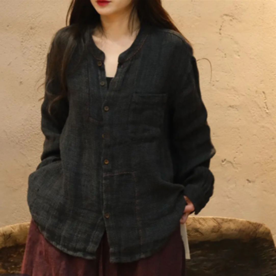 241130衣牧了然春季色织粗麻手工宽松衬衫复古休闲长袖女士衬衣