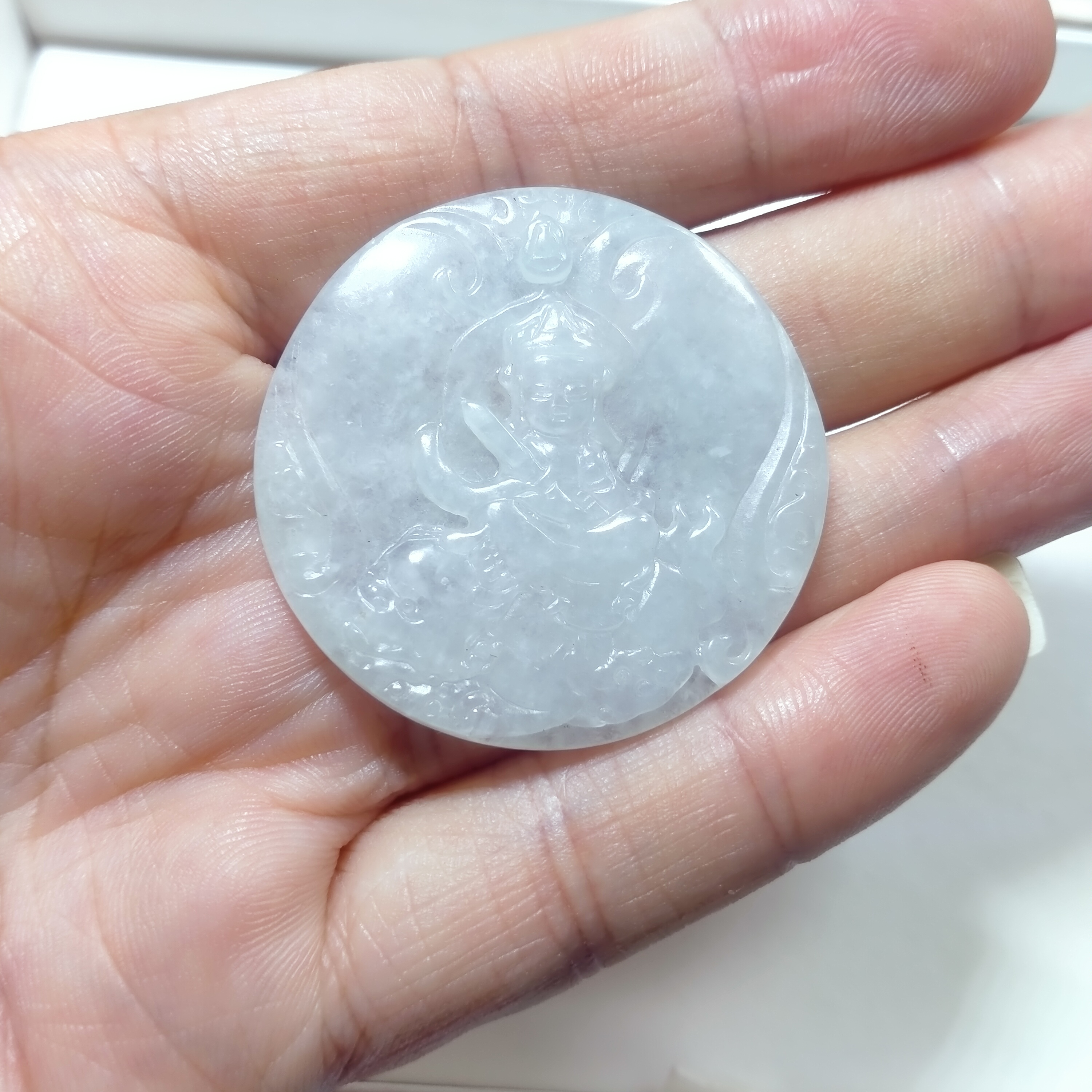 艺萱翡翠，天然A货翡翠文殊菩萨挂件（尺寸约43X4）