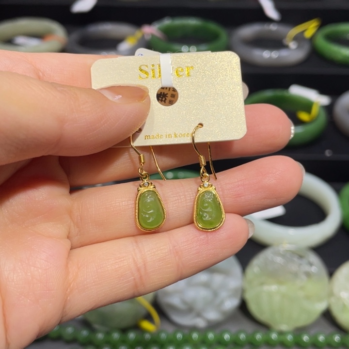 和田玉耳饰银S925镶嵌