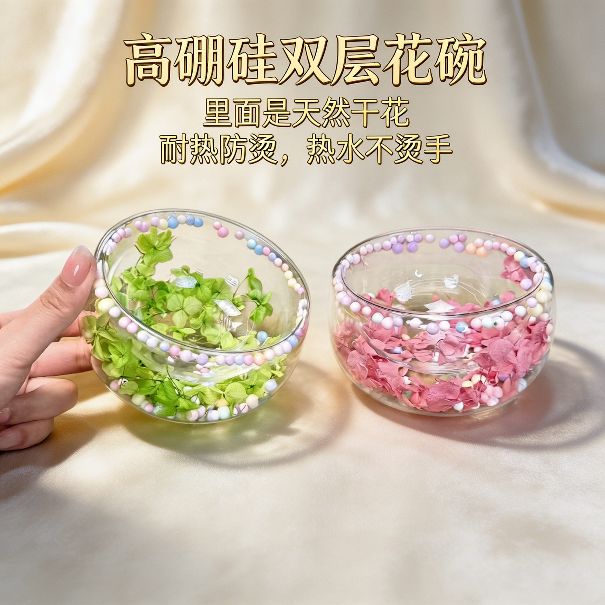 创意永生花桃之夭夭系列高硼硅玻璃双层防烫碗（粉色+绿色两只装）