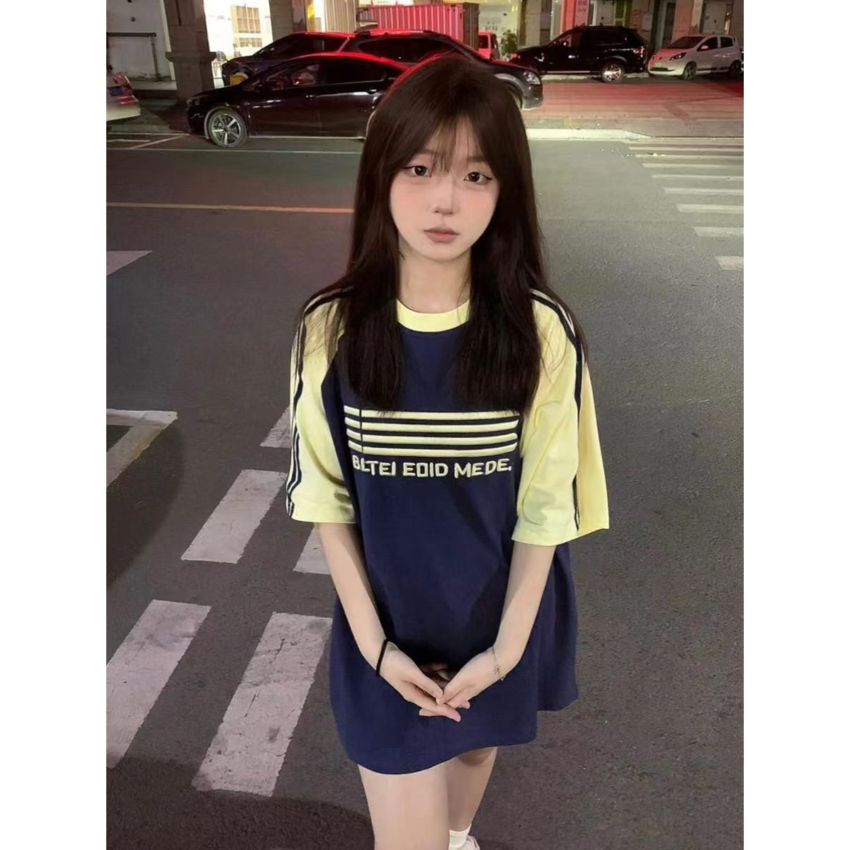 立体刺绣三条杠插肩包边 210克纯棉#美式拼色条纹短袖T恤女