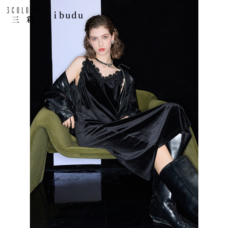 【粉丝专属】三彩ibudu2025春季新款丝绒吊带裙拼接无袖连衣裙dbx