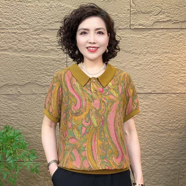 夏季休闲翻领宽松中老年女装印花减龄宽松气质洋气显瘦妈妈装T恤