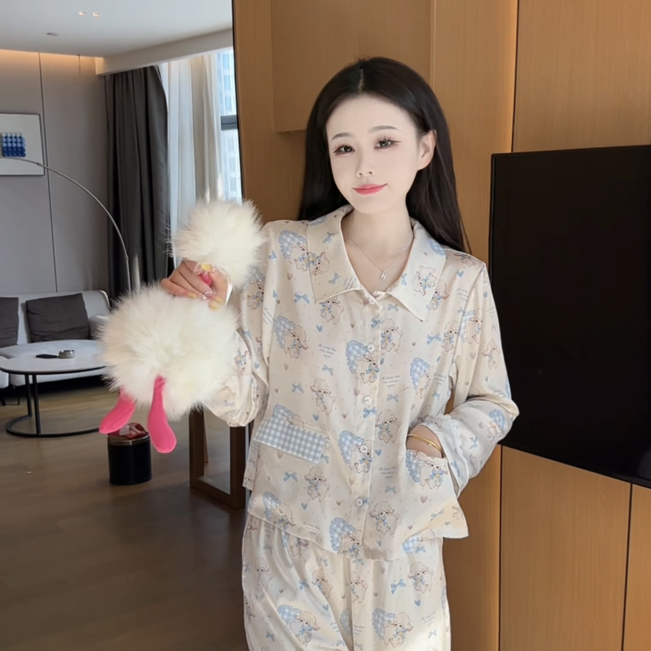 （格子小羊）秋季亲肤可爱精显瘦长袖睡衣女家居服可外穿休闲套装