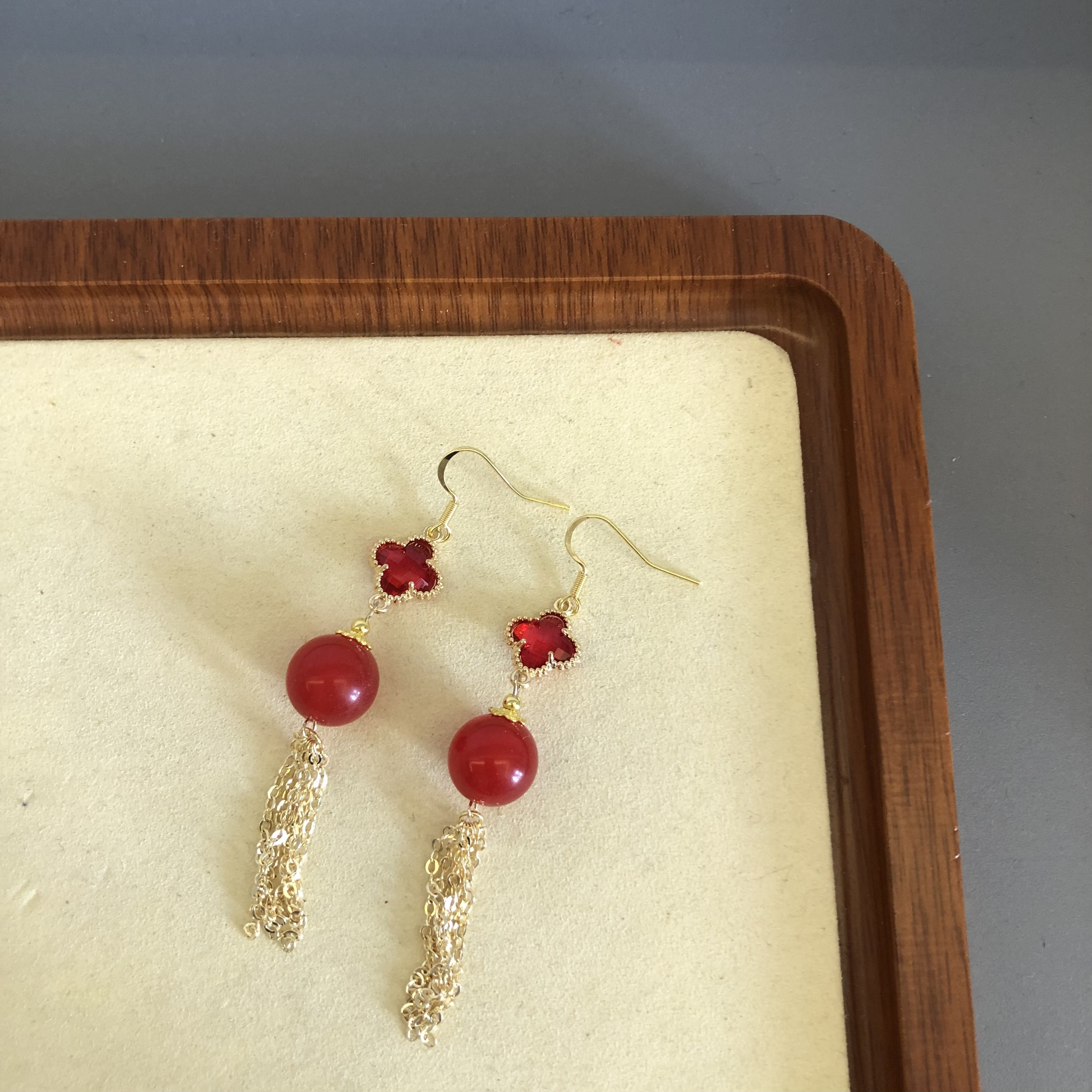 铜合金珐琅耳饰 饰品女日韩耳勾镶嵌古风手工耳环红色爱心水滴006