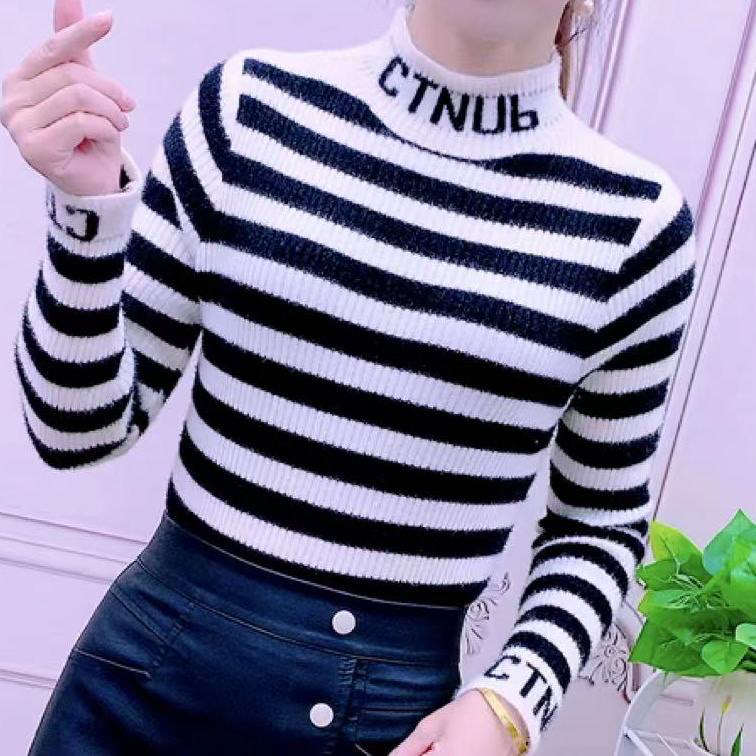 条纹打底衫女半高领长袖秋冬高弹针织衫女洋气修身仿貂绒百搭毛衣