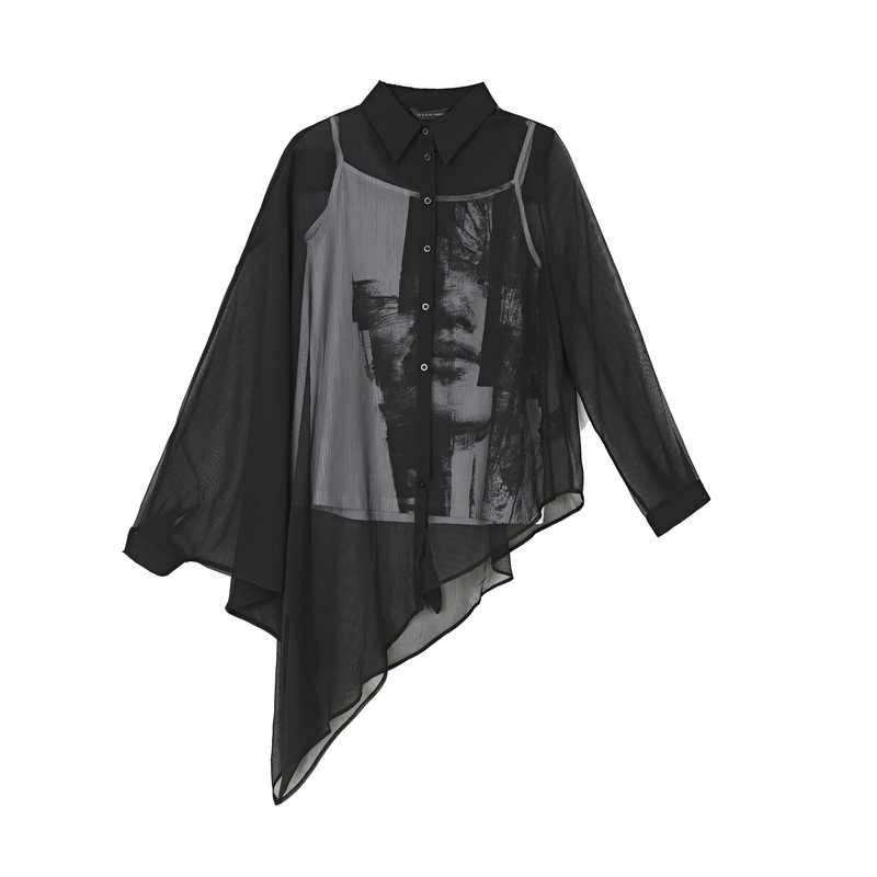 sdeer圣迪奥女装时尚休闲印花不规则吊带两件套衬衫S222Z0507