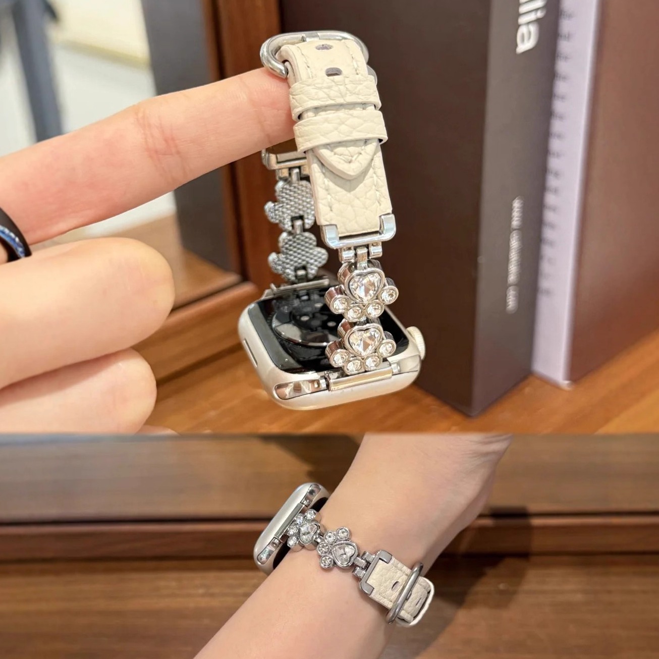 适用iWatchS11苹果S10手表新款猫爪镶钻金属拼真皮applewatchs9S8