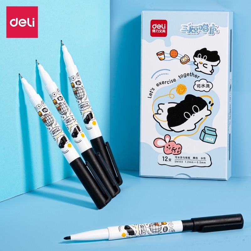 得力SN103三顾喵庐可水洗双头勾线笔