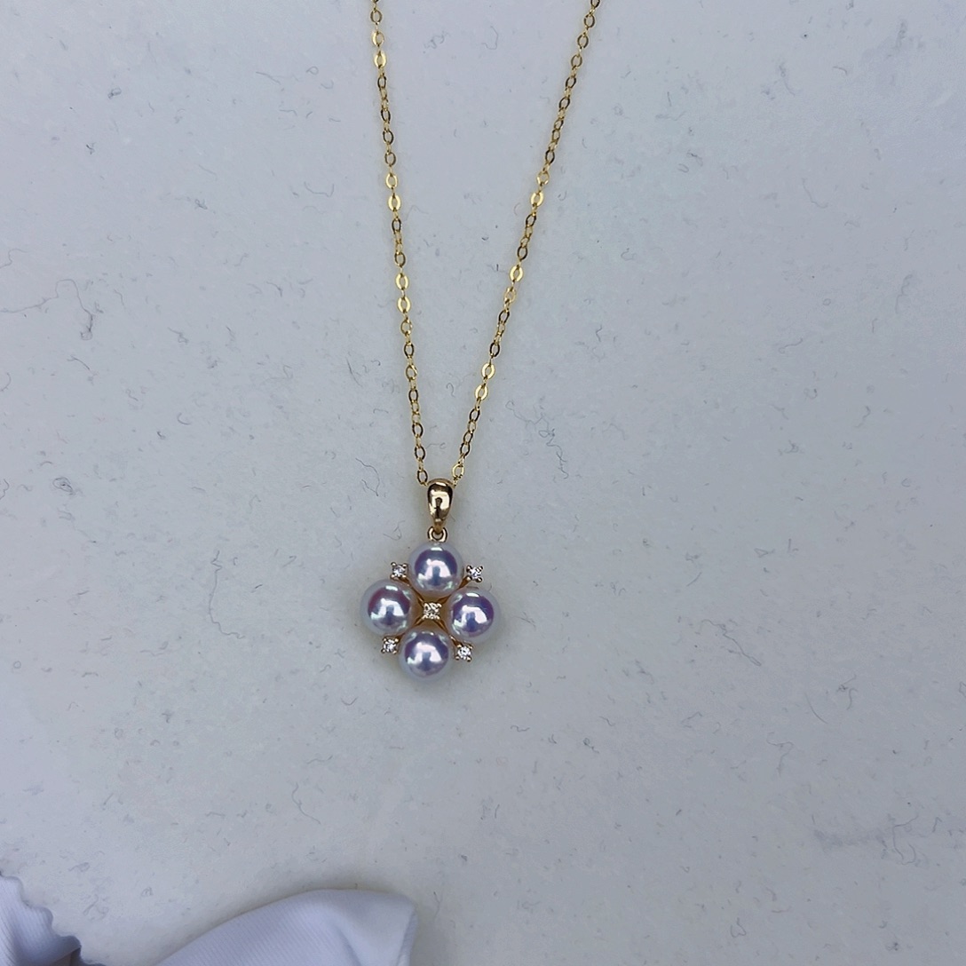 海水珍珠海水akoya四叶草吊坠5-6mm18K金镶嵌