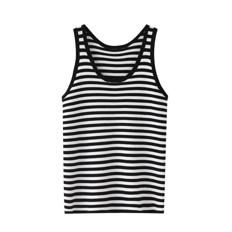 25新款扬子纱修身轻职风条纹圆领无袖吊带百搭极简风港风条纹背心